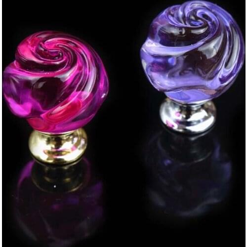 Creative fashion rose glass drawer win cabinet knobs pulls silver gold red purple dresser kitchen cabinet door handles knobs