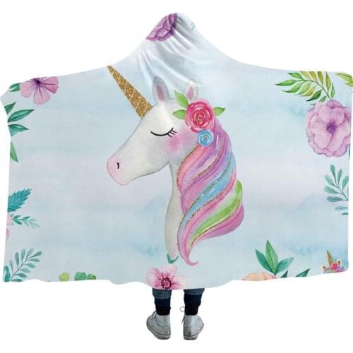 Lannidaa Cartoon Blue Unicorn Hooded Blanket Colorful Horse Hoodie Blanket For Kids Adult Warm Soft Outdoor Cloak Throw Blankets