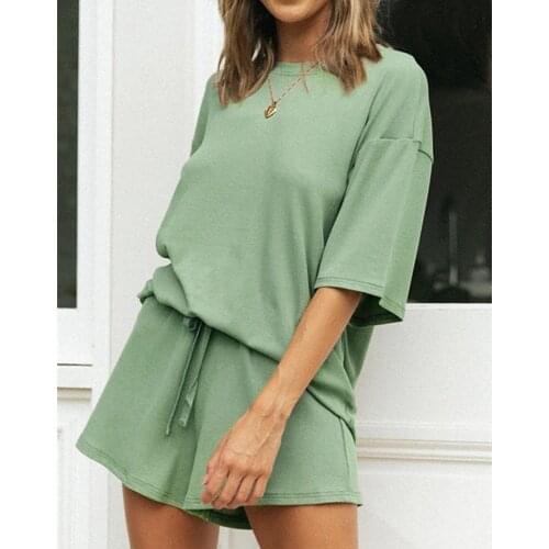 Summer Solid Womens Suit Two Pieces Tracksuit Short Sleeve Tops And Elastic Waist Shorts Suits 2021 Women Loungewear Outfits