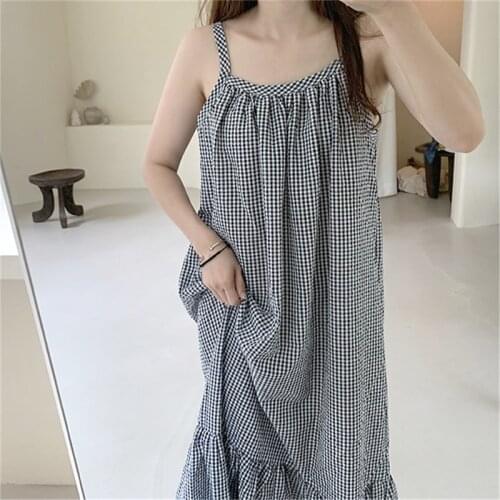 Plaid Print Summer Nightgown Women Spaghetti Strap Vintage Long Sleepwear Loose Korean Ins Homewear Ruffles Nightdress Cotton