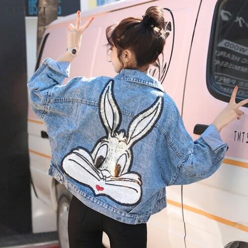 LUZUZI Cartoon Sequined Jean Jacket Loose Bat Sleeve Casual Denim Jacket Oversize Women Embroidered Short Spring Autumn Coat