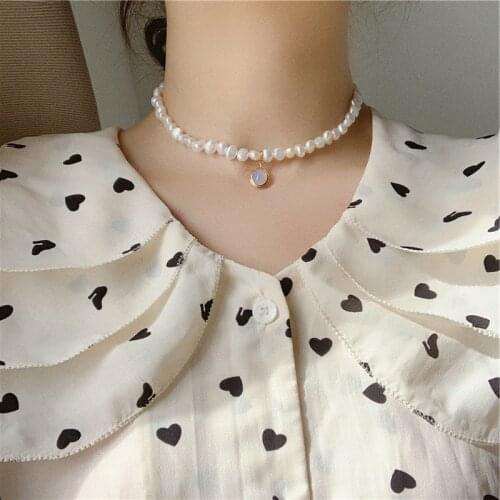 MINAR Retro Moonstone Natural Freshwater Pearl Necklace Baroque Irregular Pearl Pendant Necklaces for Women Chokers Necklace