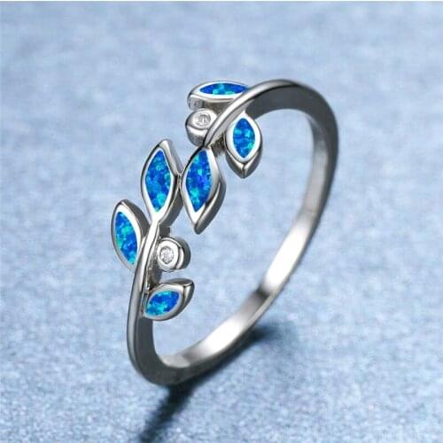 Fashion Blue Imitation Opal Rhinestones Leaf Rings for Women Fine Engagement Ring Wedding Band Girl Gift Jewelry Accessories