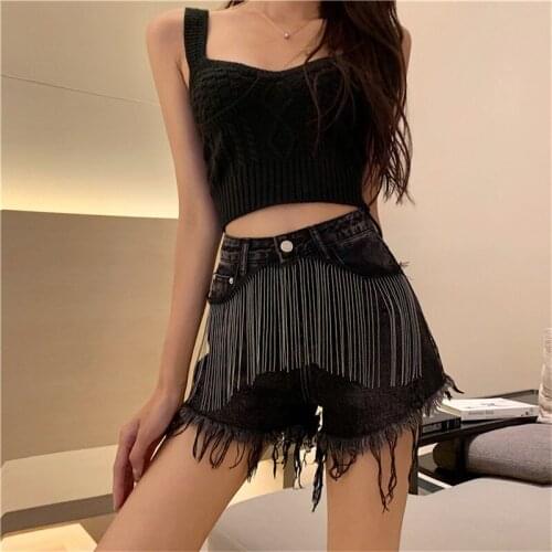 Fashion chain tassel heavy industry loose high waist denim shorts hot trousers female trend short jeans with tassel
