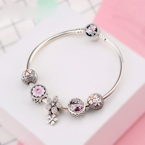 NEW Genuine 100% 925 Sterling Silver Bracelet Set For Europe Women Spring Flowers birthday Gift DIY Original Charm Jewelry