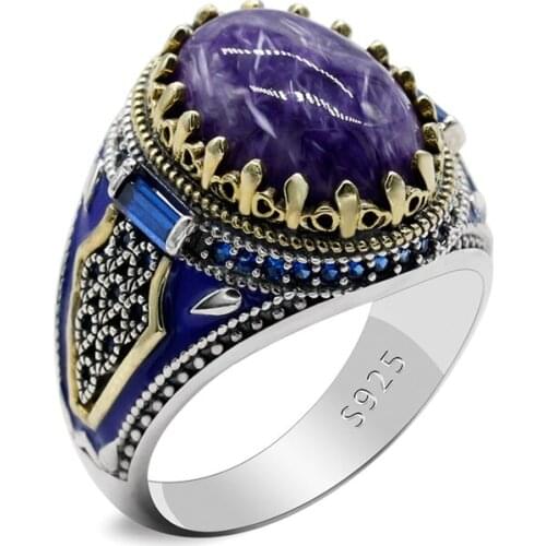 Natural Purple Dragon Stone 925 Silver Mens Fashion Retro Auspicious Handmade Turkish Signet Ring Rock Jewelry Gifts Mens Banq