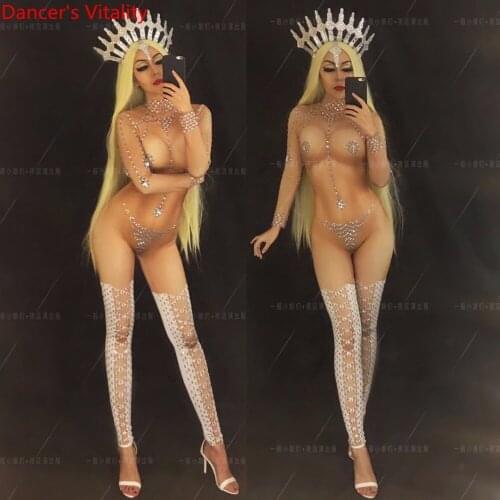 Slap-up Nightclub Bar False Perspective Diamond Body Suit Sexy Performance Costume with Headdress Pole Jazz Dancewear Outfits