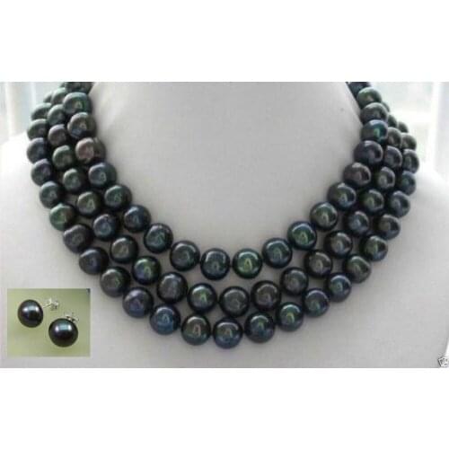 Natural 9-10mm black tahitian pearl necklace earring