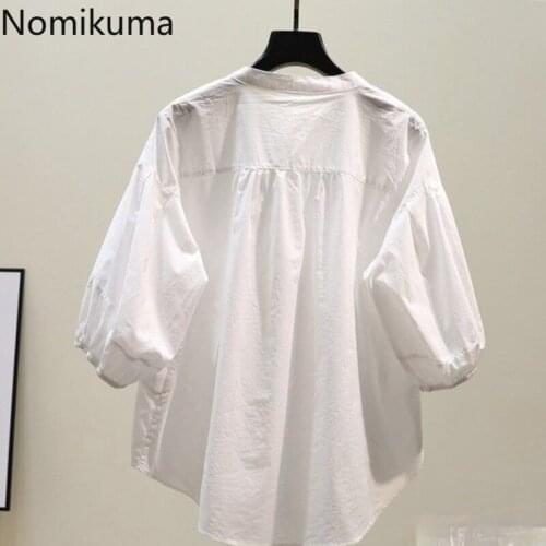 Nomikuma Causal Sweet Puff Half Sleeve Women Blouse Tops Korean Solid Stand Neck Shirt 2021 Spring Summer Blusas Feminimo 6G859