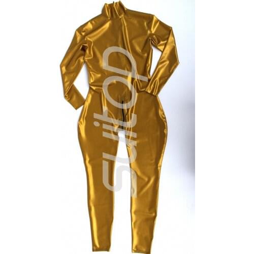 Suitop nature Gold latex catsuit rubber bodysuit with gloves back zip or front zip provide custom made