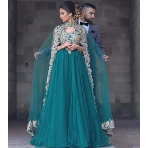 Luxury Dubai Evening Dresses Long Sleeve Vestido Longo Moroccan Kaftan Vintage Green Formal Dress Women Elegant Lace Event Dress