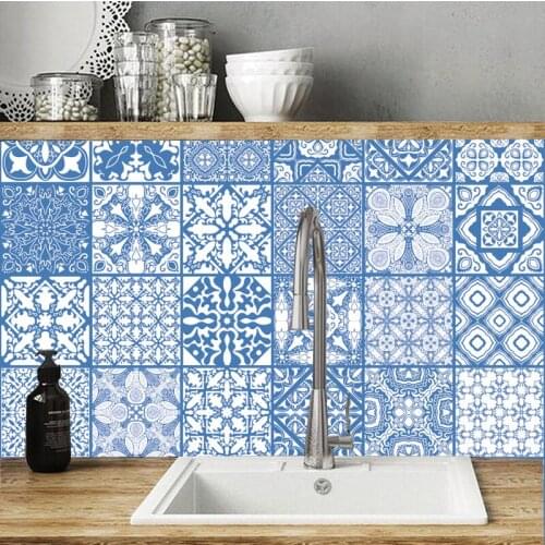 Self Adhesive Bathroom Kitchen Wall Stickers,home Decor Furniture Art Decal Customed Mediterranean Blue Tiles Sticker,waterproof