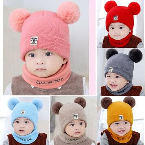 New 6Colors Baby Toddler Girls Boy Infant Warm Winter Knit Beanie Hat Ski Ball Hat Scarf Set