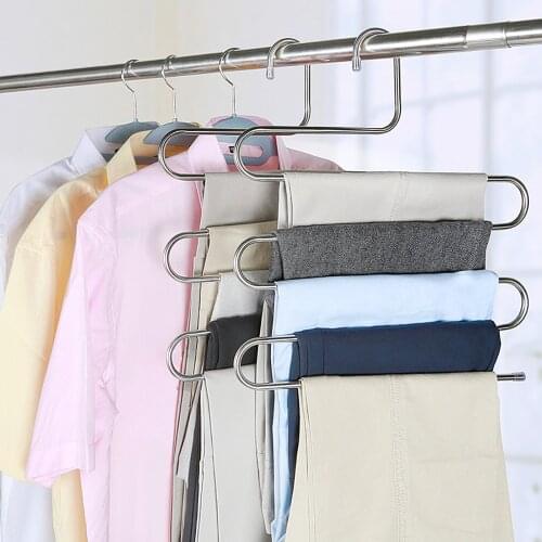 Wardrobe Organizer Stainless Steel Trousers Hanger Multifunction Pants Closet Belt Holder Rack S-type 5 Layers