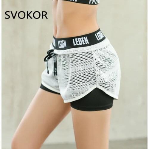SVOKOR Letter Printed Sport Shorts Women High Waist Gym Running Shorts Sexy Spandex White Short Pants Double Layer Sweat Bottoms