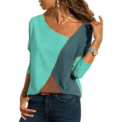 Womens Stitching Contrast Color T-shirt Round Neck Long-sleeved 2019 Hot Sale Casual New T-shirt