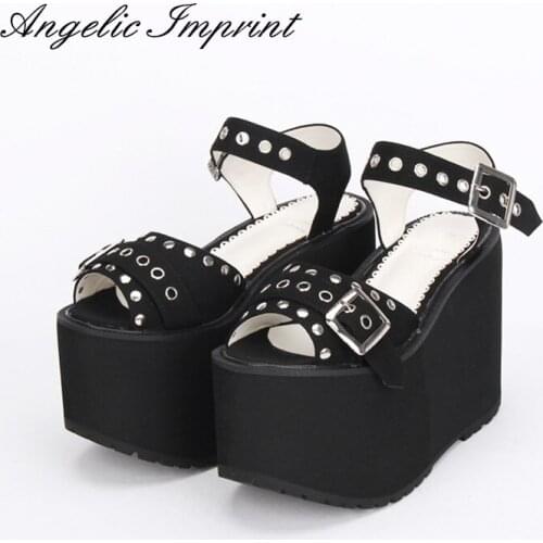 Womens Super High Heels Thick Platform Black Rivet Peep Toe Wedges Japan Harajuku Lolita Punk Sandals