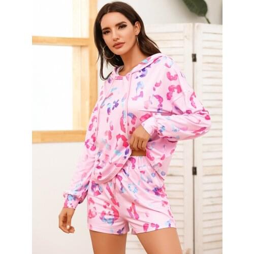 Women Cute Two-piece Casual Suits Leisure Tie-dye Pink Printing Long Sleeve Hood Zippere Top and Shorts Home Clothing