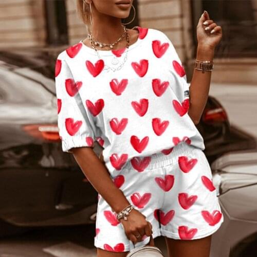 Casual Women Heart Printed Shorts Two Piece Set Round Neck Short-Sleeve Female Homewear Suit 2021 Summer Sporty Sets Plus Size