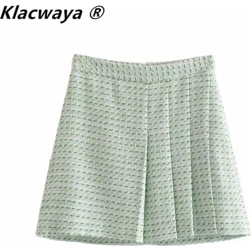 Klacwaya Za Women Textured Tweed Skirt Spring Autumn 2021 High Waist Elegant Chic Pleated Mini Skirt Sets