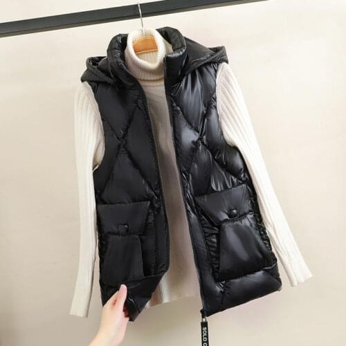 2021 Women Winter Chic Solid Hooded Vests Ladies Fashion Zipper Elegant Sleeveless Long Vest Female Cotton Padded Waistcoat M64