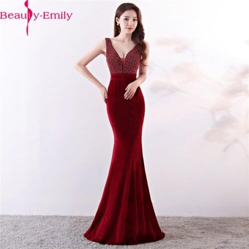 Beauty Emily Sexy V Neck Sleeveless Mermaid Evening Dress 2020 Charming Heavy Beaded Tank Sleeve Formal Party Dress Robe Soiree