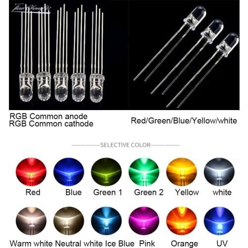 1000pcs/lot 3mm 5mm led RGB white/blue/red/yellow/green/pink RGB Common anode light bulbs LED emitting