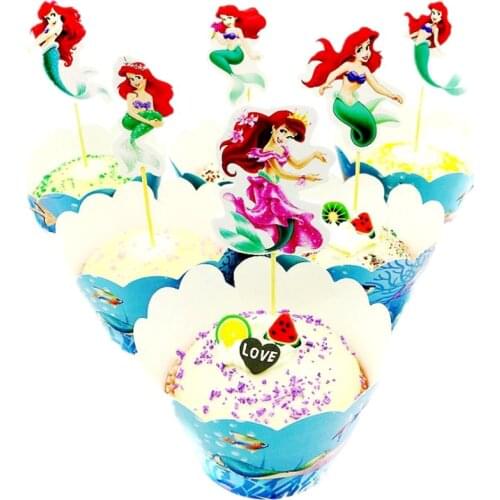 12PCS/lot Mermaid Theme Girls Favors Cupcake Toppers Cake Happy Birthday Wrappers Decoration Baby Shower Party Supplies
