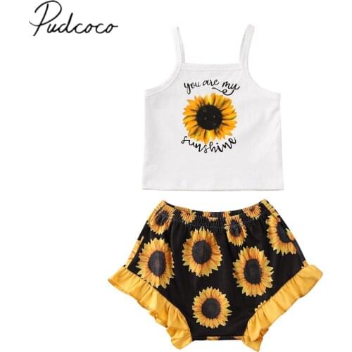 2020 Baby Summer Clothing Toddler Baby Kids Girls Tops Vest+Shorts Pants Sunflower Outfit 2PCS Clothes Set