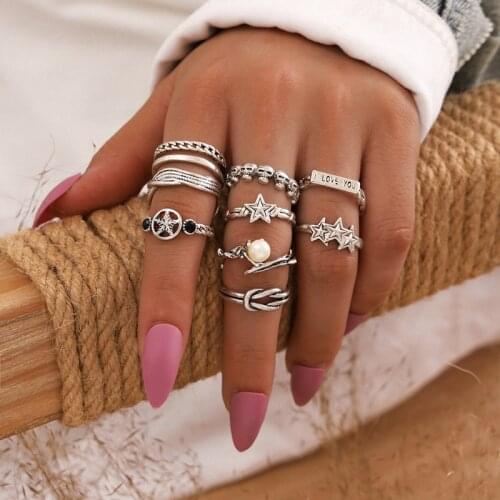 9 Pcs/Set Vintage Letter Star Imitation Pearls Skull Ring Set Knuckle Finger Rings for Women Punk Jewelry Gifts