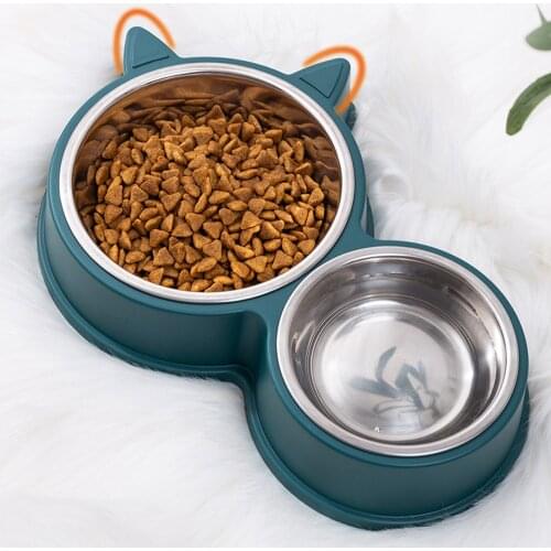 Pet Cat Double Bowl Cat Dog Food Water Feefer Stainless Steel Kitten Dogs Drinking Dish Feeder For Supplies Non-Slip Bowls