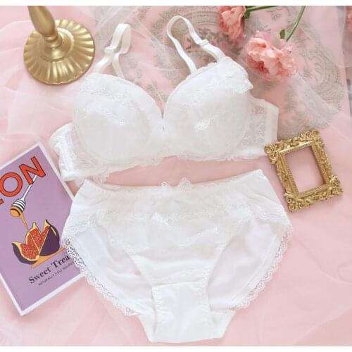 Cute Sweet White Bra & Panties Set Lace Trim Underwire Soft Underwear Sleep Intimates Set Kawaii Lolita Lace