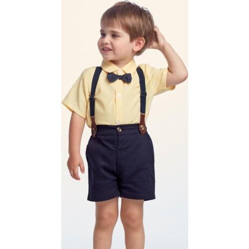 Top and Pants Toddler Boys Set Gentleman Suit Kids Short Sleeve Bow Tie Shirt+Suspenders Shorts Casual Baby Boy Clothes L910