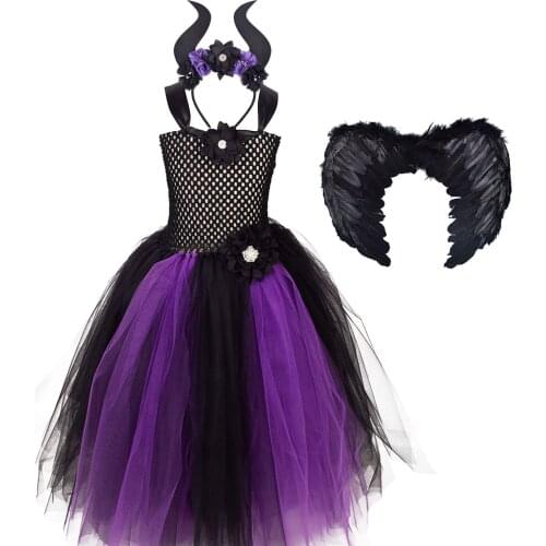 Maleficent Halloween Costume Black Purple Long Tutu Dress for Girls Black Evil Queen with Horns Wicked Costumes