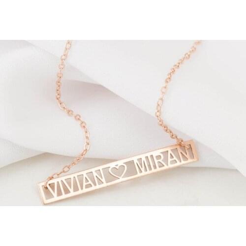 Statement Personalized Couple Charm Necklaces Custom Letters Initial Hollow Heart Bar Name Necklace For Women Girl Gift