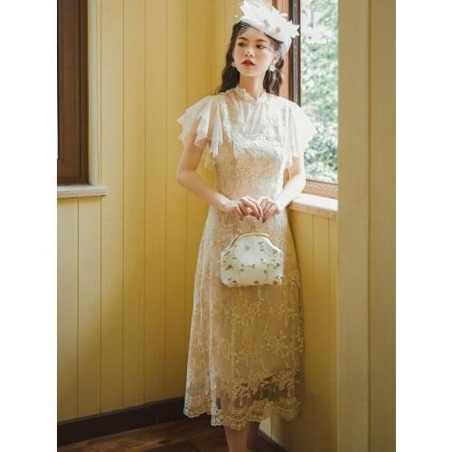 Sweet Mesh Fairy Dress Improved Cheongsam Women Summer Vestido 2021 Womens Mesh Embroidered Chic Lotus Leaf Sleeve Gentle Dress