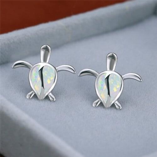 Cute Female Small Turtle Animal Stud Earrings Rose Gold Color Wedding Earrings Elegant White Blue Opal Earrings For Women