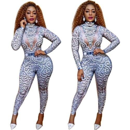 Fashion Gray Silver Rhinestones Jumpsuit long Sleeves Stretch Sexy Bodysuit Stage Performance Party Celebrate Nightlcub outfit
