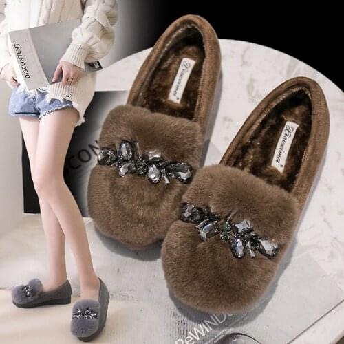 Rabbit fur crystal plush shoes winter new moccasins woman flats round toe cute furry creepers rhinestone flock warm snow loafers