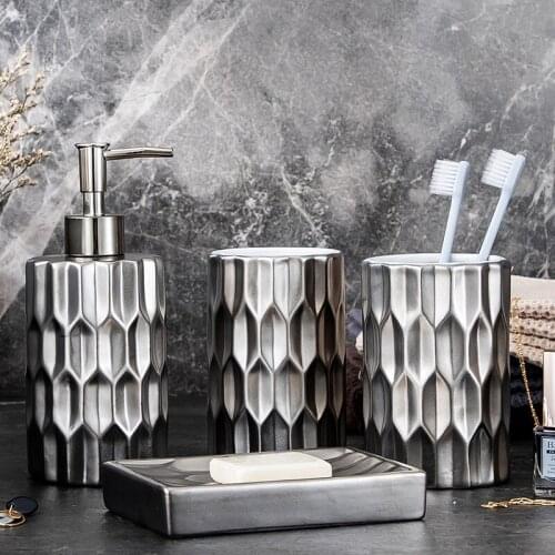 Ceramic Bathroom Accessories Nordic Style Bathroom Organizer Set Lotion Bottle Soap Dispenser Toothbrush Cup Soap Dish 4pcs Set