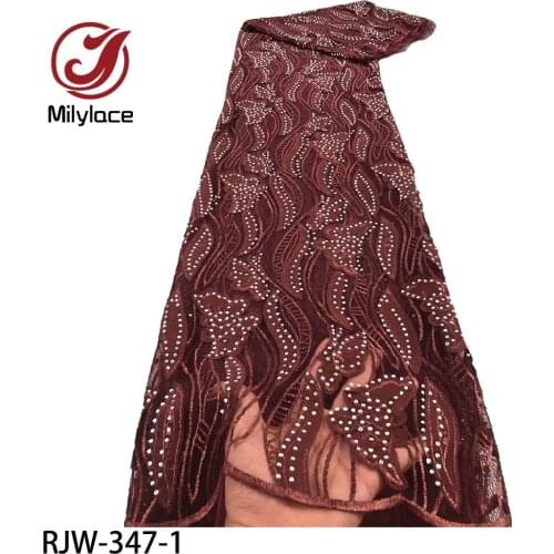 Latest Laser Cut Lace Fabric with Stone High Quality Tulle Lace Fabric African French Lace Fabrics for Dress RJW-347