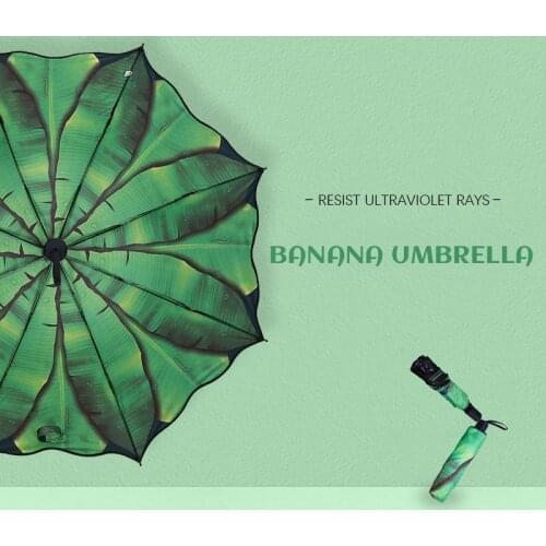 2021 New Green Rain Umbrella Female Dual-use Three-fold Vinyl Umbrella Fresh Art Plantain Creative Sun Umbrella