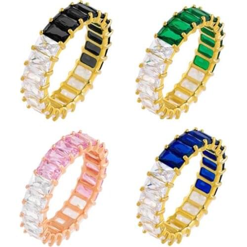Half White Half Colorful Zirconia Pink Blue Green Black Baguette CZ Full Finger Engagement Eternity Band Ring