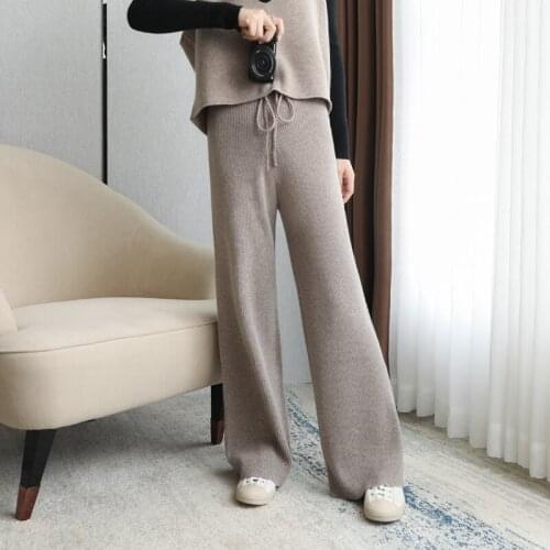 Autumn and winter new ladies wool pants loose knit wide-leg pants thickened warmth ladies trousers lace-up cashmere trousers