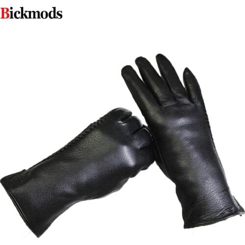 Guantes Eldiven Female Leather Gloves Deerskin Glove Side Embossing Style Velvet Lining Warm Autumn And Winter Free Shipping