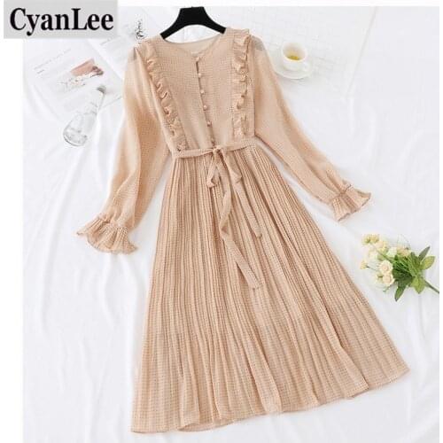 Cyanlee Spring Dress Vintage Dot Ruffles Women Butterfly Sleeve Shirt Dresses Belt Mid-calf Empire A-line Pleated Hem Dress