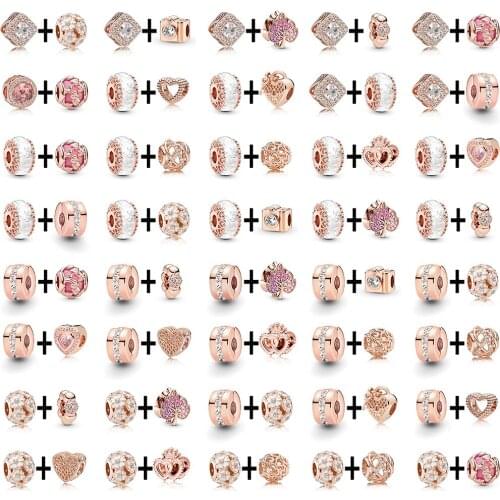 Dinglly Rose Gold Clip White Round Crystal Beaded Charm Fit Original Girls Bracelets & Necklace Jewelry Accessories Beads