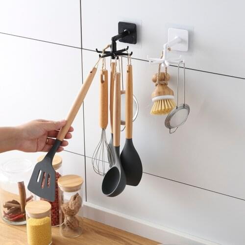 Rotated Kitchen Cabinet Hooks Free Punching Multi-purpose Adhesive Wall Door Clothes Bag Hanger Racks Storage Artifact