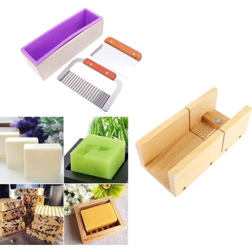 Adjustable Wooden Soap Loaf Cutting Mould + Rectangle Silicone Soap Mould with Wood Box + 2pcs Wavy & Straight Cake Soap Cutter