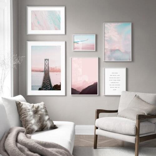 Pink Sky Rainbow Mountain Bridge Posters Nordic Wall Pictures For Living Room Home Decor Wall Art Canvas Painting